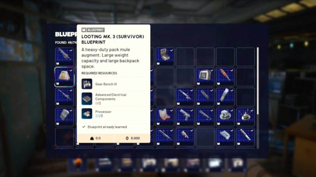 Looting MK3 Survivor Augment Blueprint in ARC Raiders.