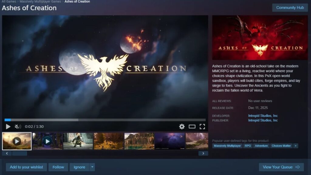 Ashes Of Creation Steam Store Page