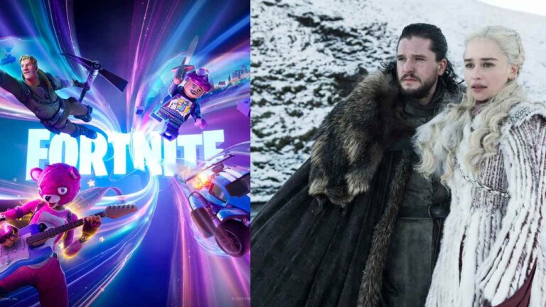 (L) 'Fortnite' and (R) Kit Harington as Jon Snow and Emilia Clarke as Daenerys Targaryen in 'Game Of Thrones' (Image: Epic Games and HBO)