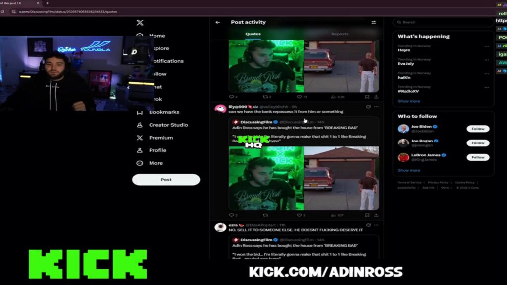 Adin receiving hate over his recent purchase (Image: Kick.com/ADINROSS)