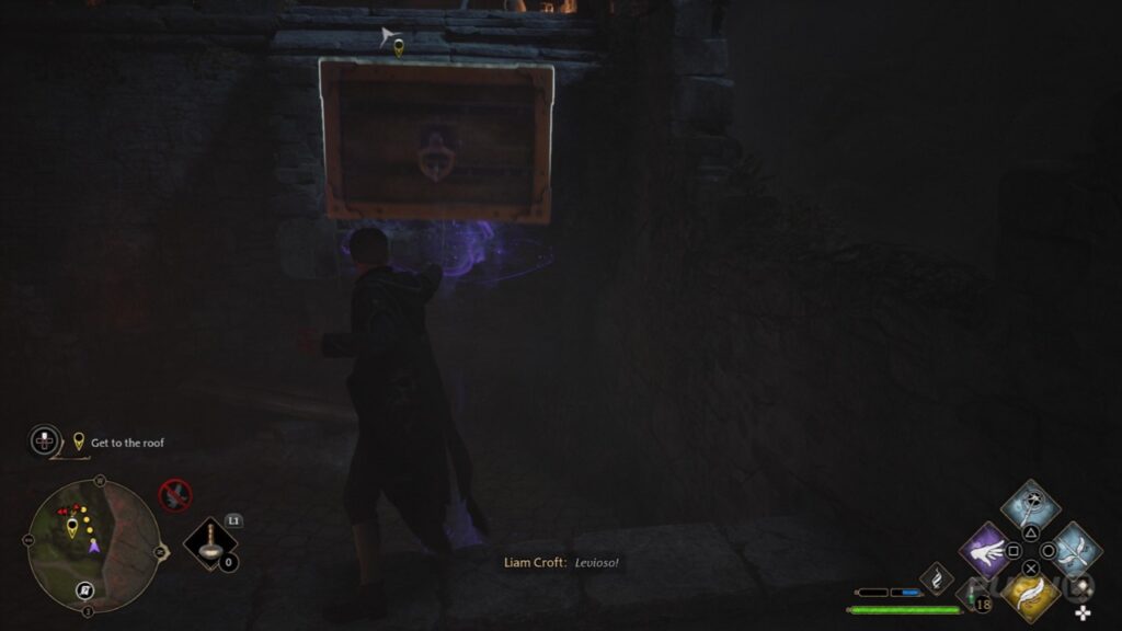 Using Leviosa to lift the crate in Hogwarts Legacy.