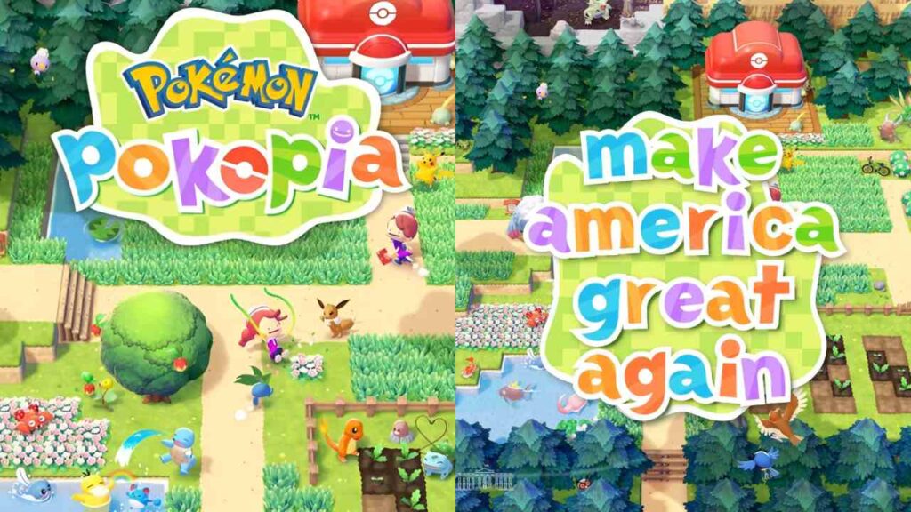 Pokopia and MAGA post by White House (Image: Nintendo and X/White House)