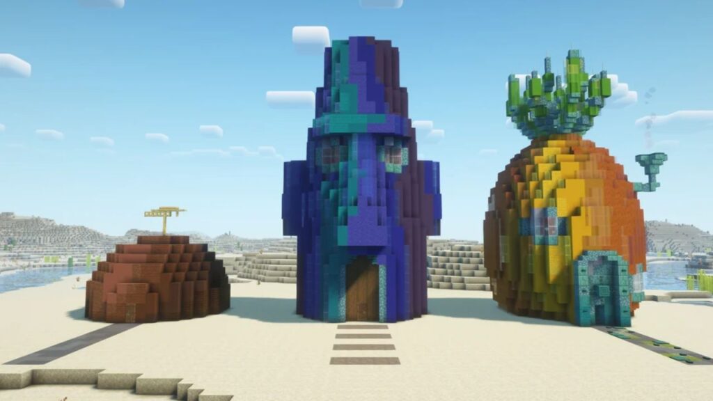 Patrick's rock, Squidward's Easter Island head house, and SpongeBob's pineapple in Minecraft (Image: reddit/u/ImmediateMention9524)