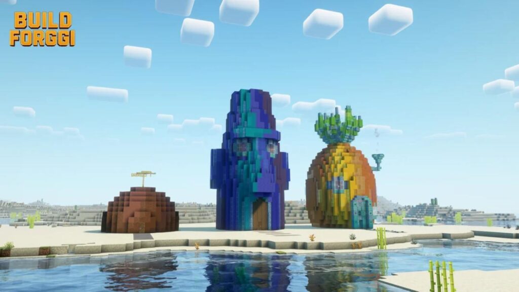 Patrick's rock, Squidward's Easter Island head house, and SpongeBob's pineapple in Minecraft (Image: reddit/u/ImmediateMention9524)