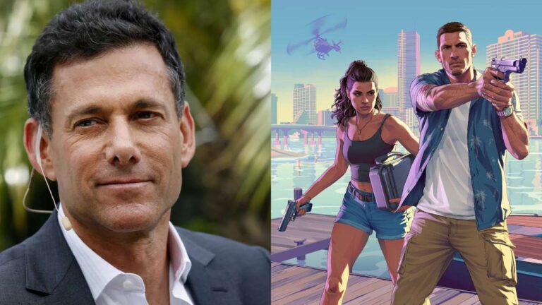 Strauss Zelnick/Lucia and Jason in 'GTA 6' (Image: Bloomberg and Rockstar Games)
