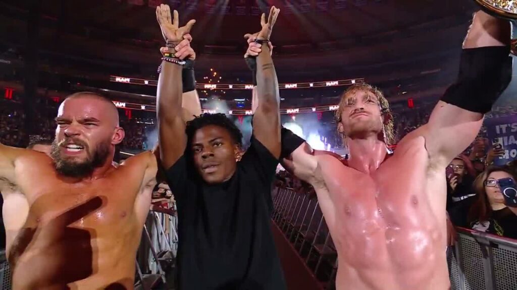 Austin Theory, IShowSpeed, and Logan Paul (Image: WWE)