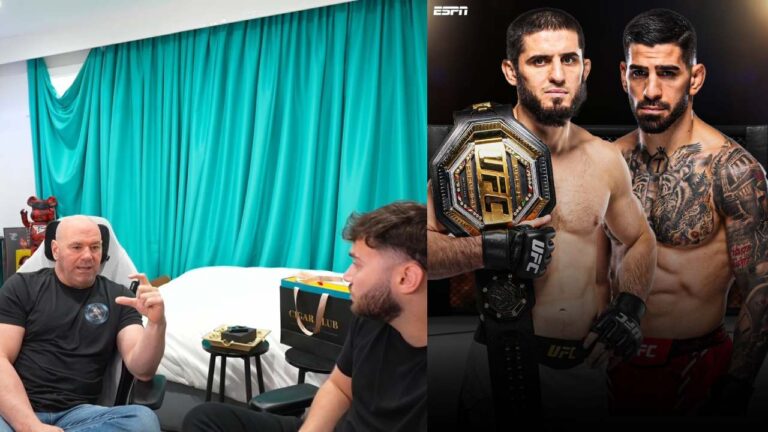 Dana White and Adin Ross/Islam Makhachev and Ilia Topuria (Image: Kick.com/adinross and ESPN)