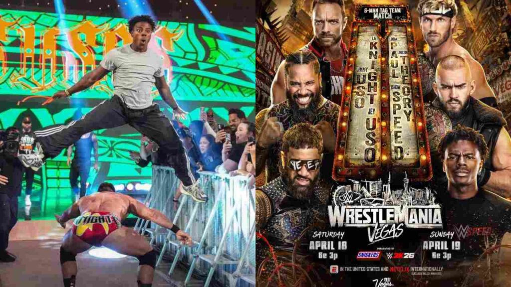 Logan Paul, IShowSpeed, Austin Theory, Jey Uso, Jimmy Uso, and LA Knight (Image: WWE)